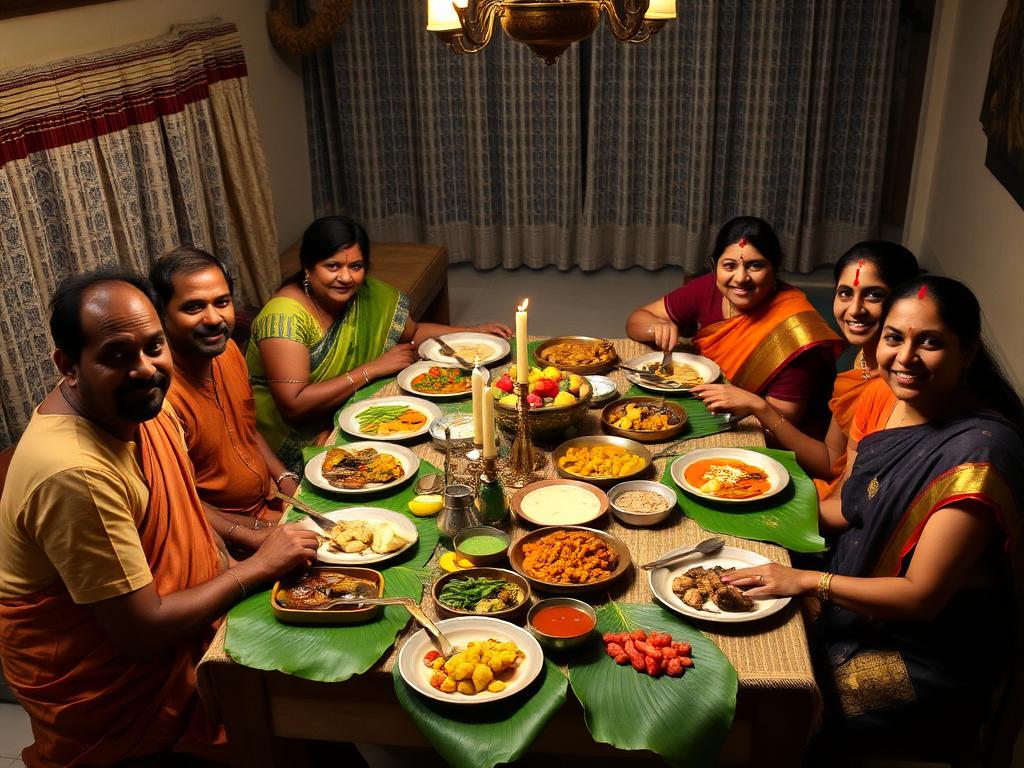 Family gathering feast on banana leaves